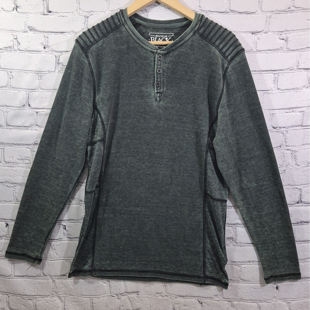 Buckle Black Henley Shirt Thermal Mens M Green Waffle Moto School Preppy